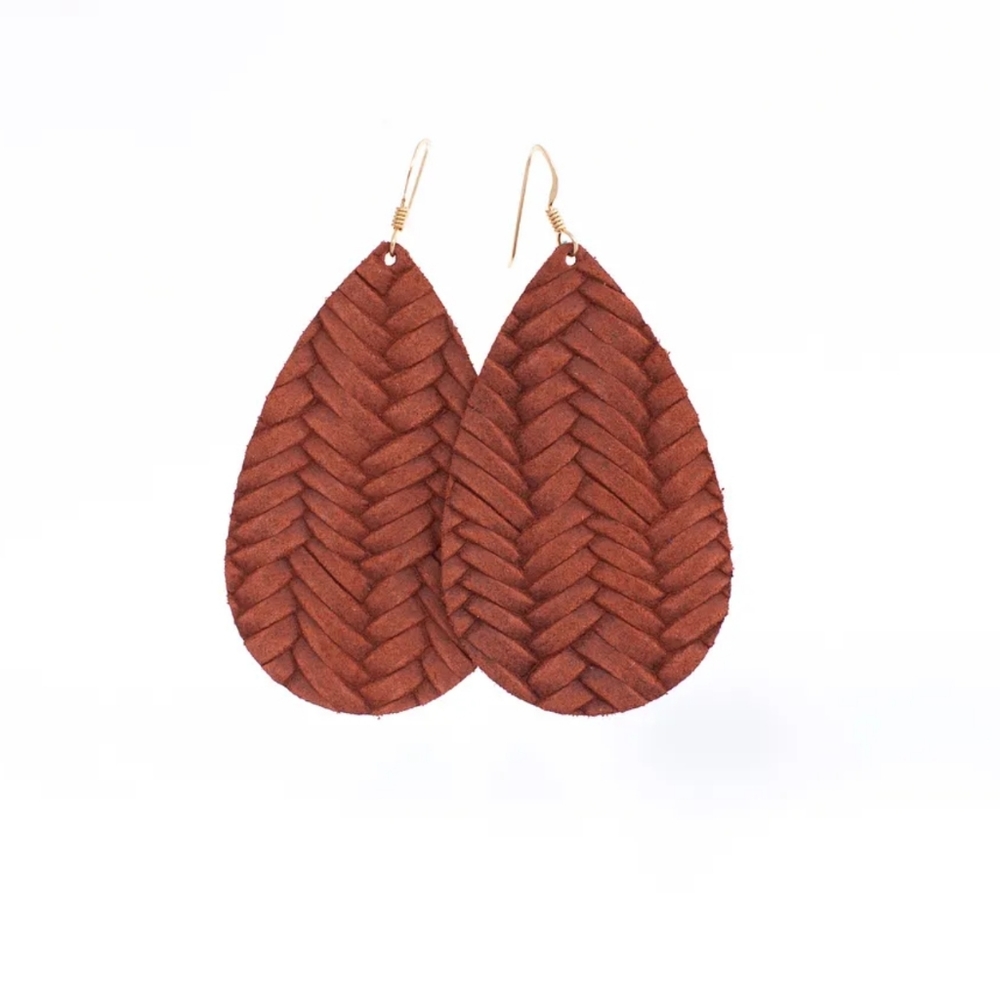Nickel and Suede Large Teardrop Leather Earrings Rust Knit